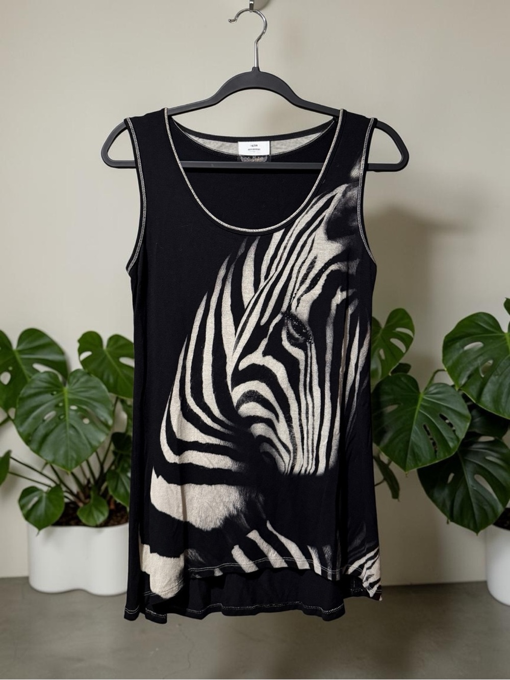 Vanilla Sugar Black & Cream Zebra Print Tank Top with Black Gem Embellishment